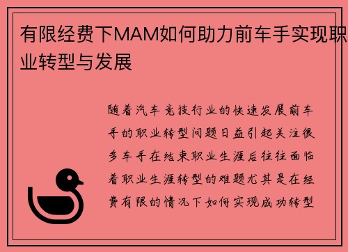 有限经费下MAM如何助力前车手实现职业转型与发展